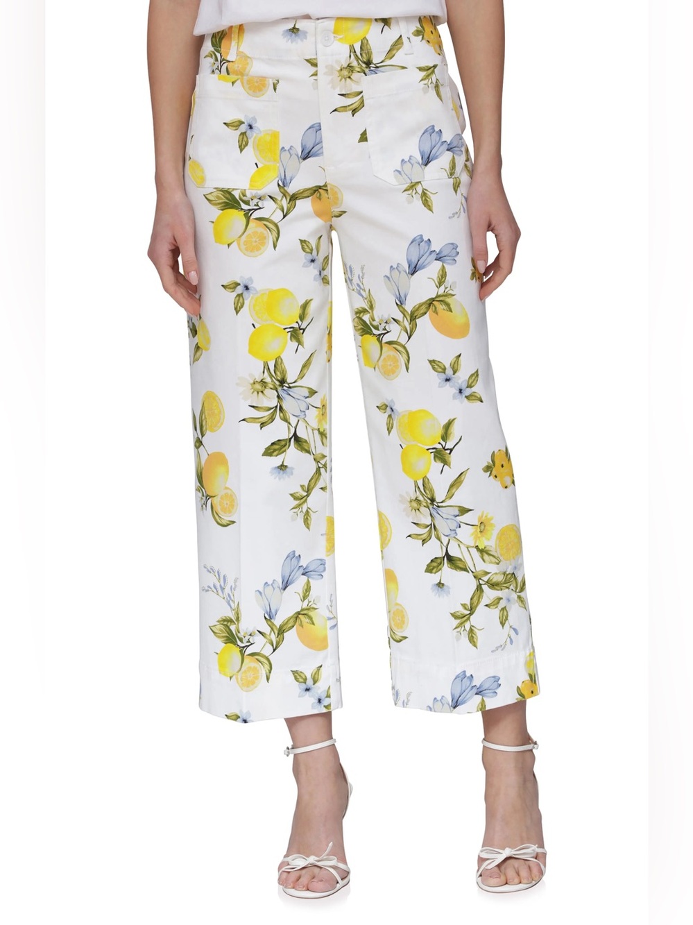 Bagatelle Botanical Floral Lemon Print Wide-Leg Cotton Twill Cropped Pants